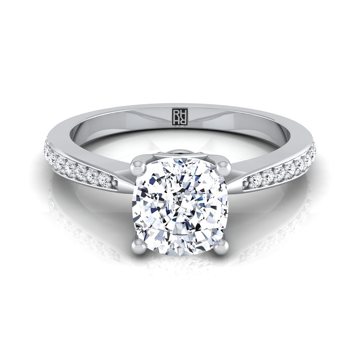 18K White Gold Cushion Diamond Tapered Pave Engagement Ring -1/8ctw