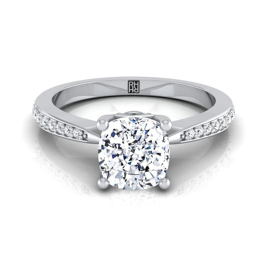 14K White Gold Cushion Diamond Tapered Pave Engagement Ring -1/8ctw