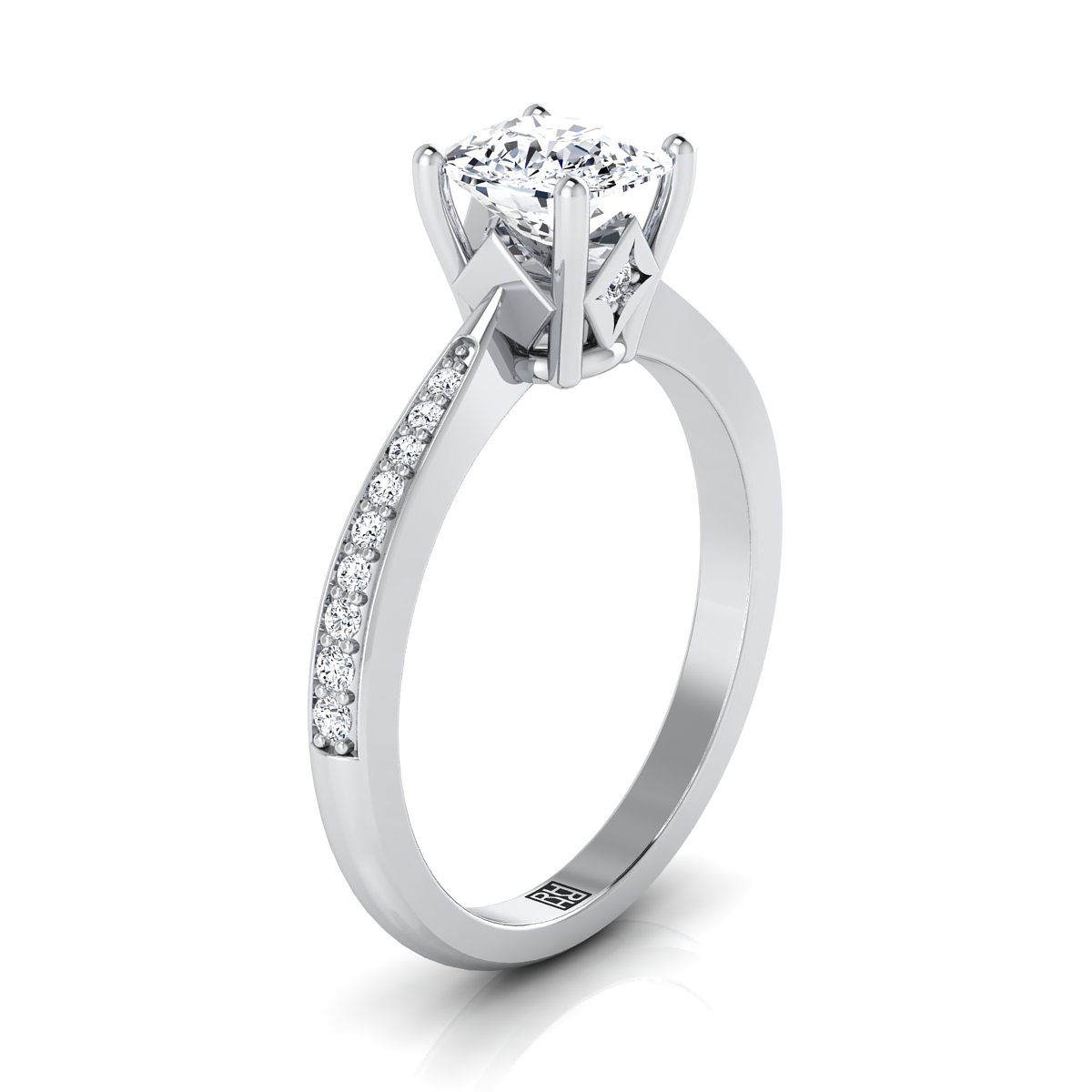 18K White Gold Cushion Diamond Tapered Pave Engagement Ring -1/8ctw