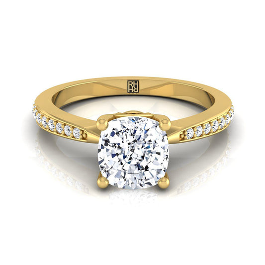 18K Yellow Gold Cushion Diamond Tapered Pave Engagement Ring -1/8ctw