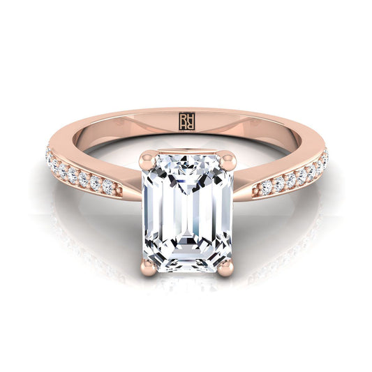 14K Rose Gold Emerald Cut Diamond Tapered Pave Engagement Ring -1/8ctw