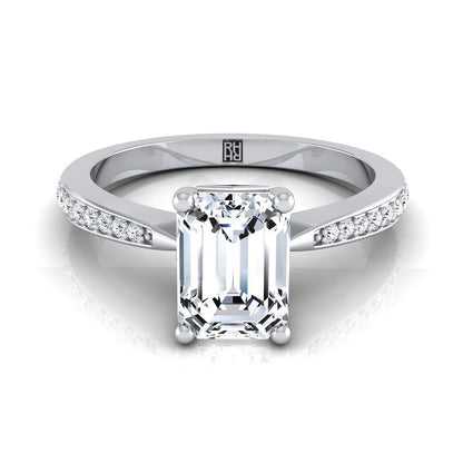 18K White Gold Emerald Cut Diamond Tapered Pave Engagement Ring -1/8ctw