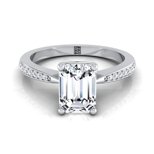 18K White Gold Emerald Cut Diamond Tapered Pave Engagement Ring -1/8ctw