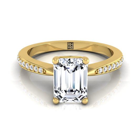 18K Yellow Gold Emerald Cut Diamond Tapered Pave Engagement Ring -1/8ctw
