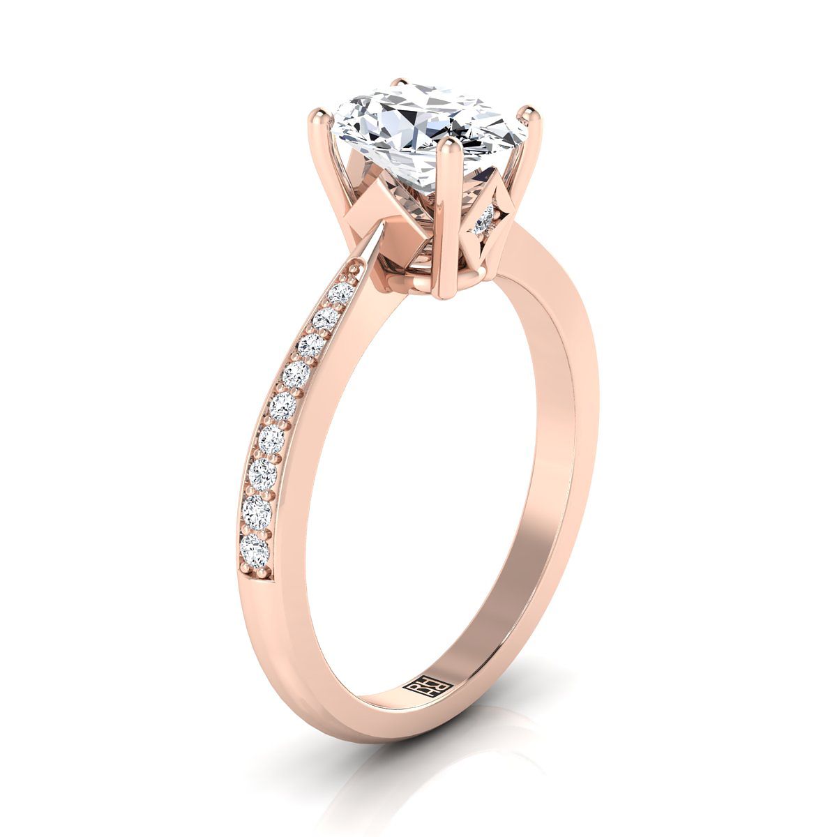 14K Rose Gold Oval Aquamarine Tapered Pave Diamond Engagement Ring -1/8ctw