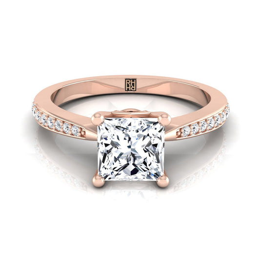 14K Rose Gold Princess Cut Diamond Tapered Pave Engagement Ring -1/8ctw