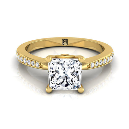 18K Yellow Gold Princess Cut Diamond Tapered Pave Engagement Ring -1/8ctw