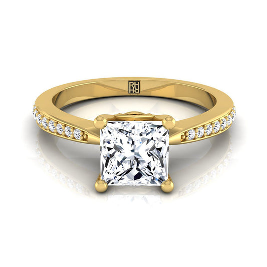14K Yellow Gold Princess Cut Diamond Tapered Pave Engagement Ring -1/8ctw