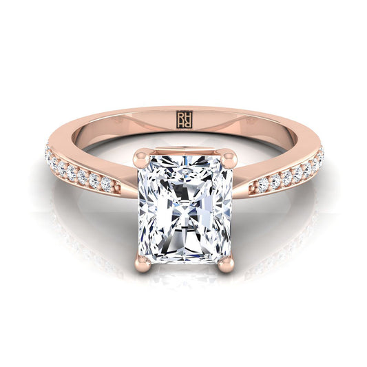 14K Rose Gold Radiant Cut Center Diamond Tapered Pave Engagement Ring -1/8ctw