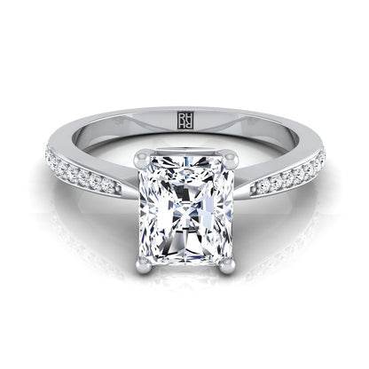 14K White Gold Radiant Cut Center Diamond Tapered Pave Engagement Ring -1/8ctw