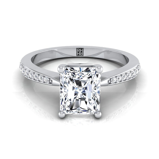 18K White Gold Radiant Cut Center Diamond Tapered Pave Engagement Ring -1/8ctw