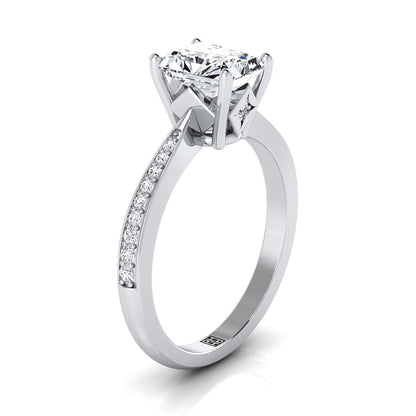 18K White Gold Radiant Cut Center Diamond Tapered Pave Engagement Ring -1/8ctw