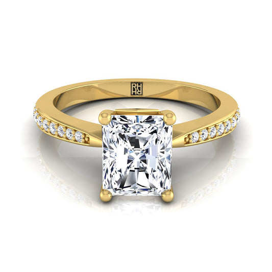 18K Yellow Gold Radiant Cut Center Diamond Tapered Pave Engagement Ring -1/8ctw