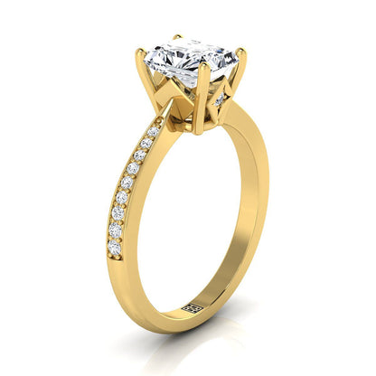 18K Yellow Gold Radiant Cut Center Diamond Tapered Pave Engagement Ring -1/8ctw
