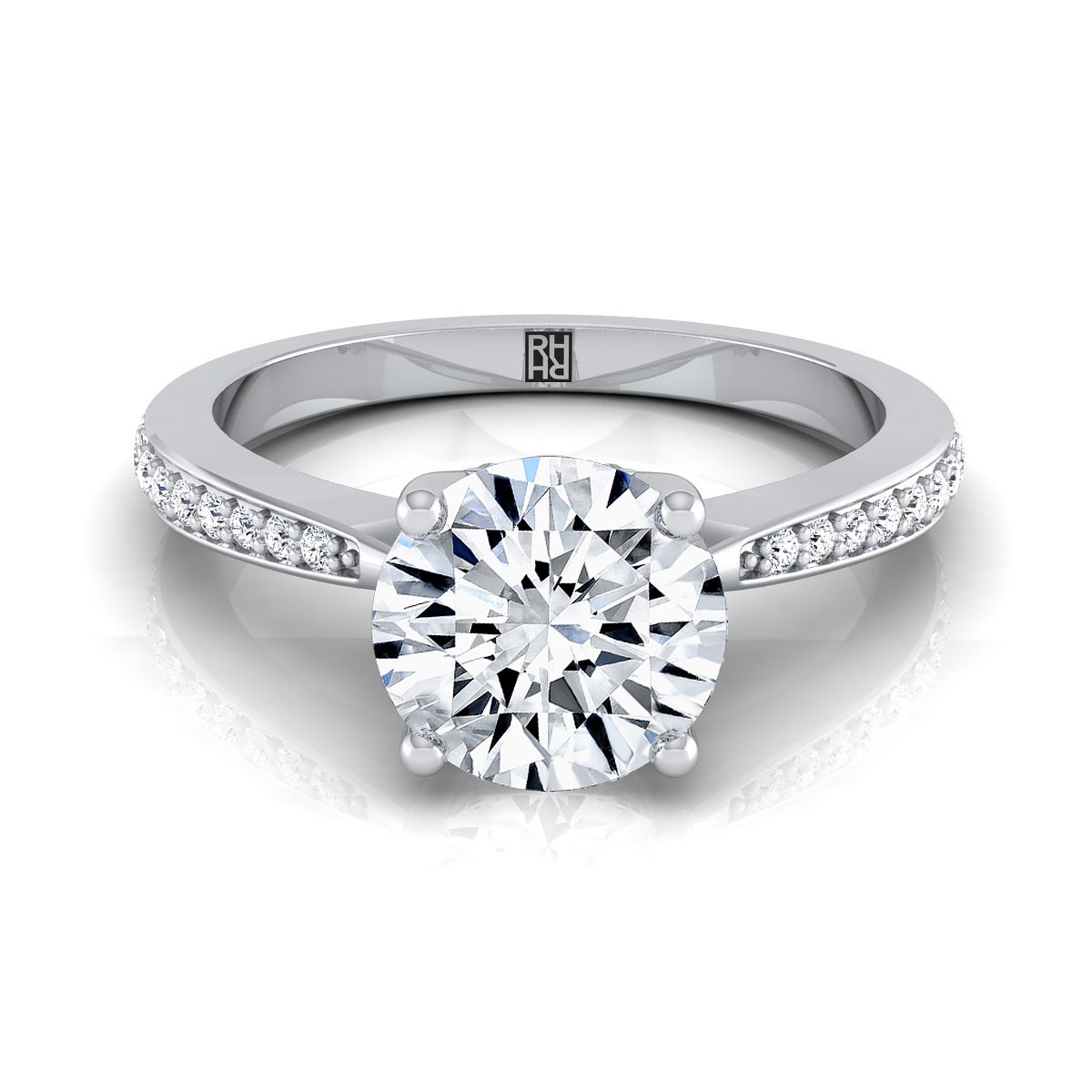 18K White Gold Round Brilliant Diamond Tapered Pave Engagement Ring -1/8ctw