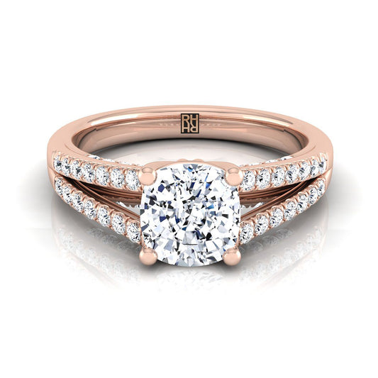 14K Rose Gold Cushion Diamond Split Shank French Pave Engagement Ring -1/3ctw
