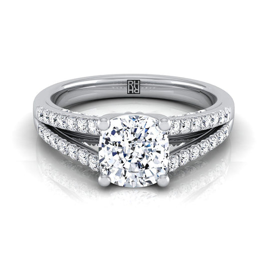 14K White Gold Cushion Diamond Split Shank French Pave Engagement Ring -1/3ctw