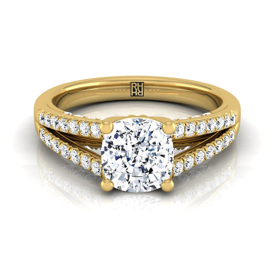 18K Yellow Gold Cushion Diamond Split Shank French Pave Engagement Ring -1/3ctw