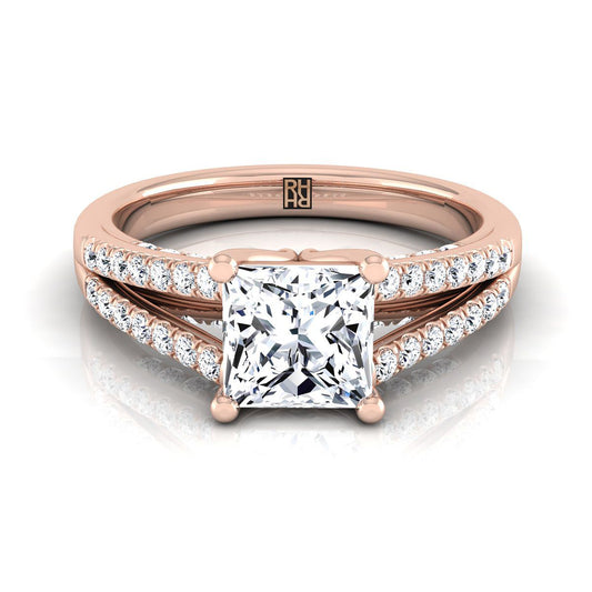 14K Rose Gold Princess Cut Diamond Split Shank French Pave Engagement Ring -1/3ctw