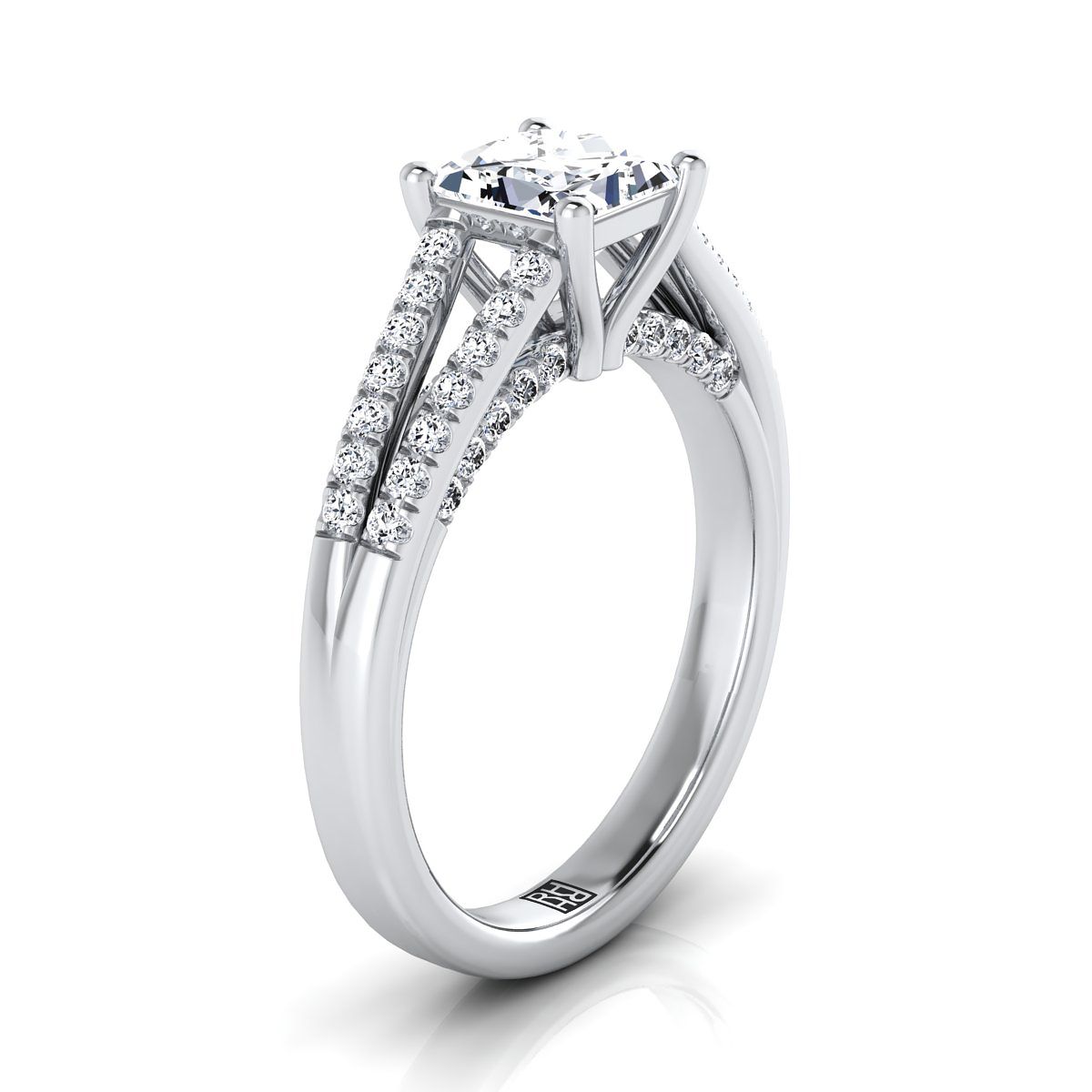 14K White Gold Princess Cut Diamond Split Shank French Pave Engagement Ring -1/3ctw