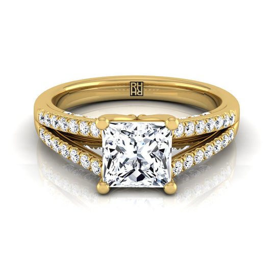 14K Yellow Gold Princess Cut Diamond Split Shank French Pave Engagement Ring -1/3ctw