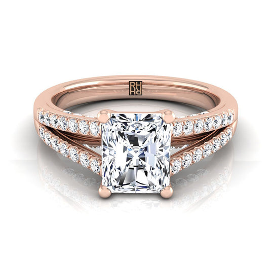 14K Rose Gold Radiant Cut Center Diamond Split Shank French Pave Engagement Ring -1/3ctw