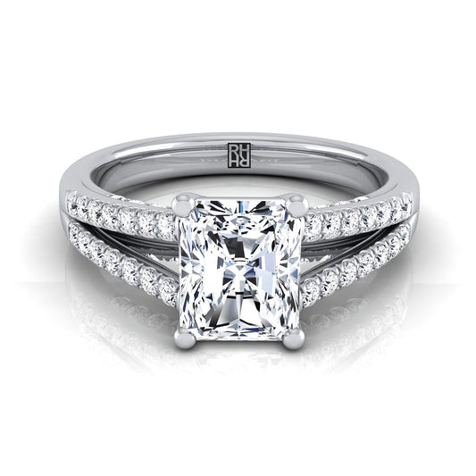14K White Gold Radiant Cut Center Diamond Split Shank French Pave Engagement Ring -1/3ctw
