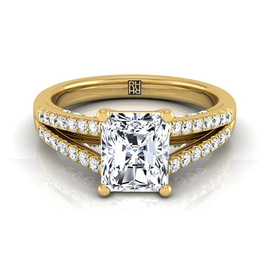 14K Yellow Gold Radiant Cut Center Diamond Split Shank French Pave Engagement Ring -1/3ctw