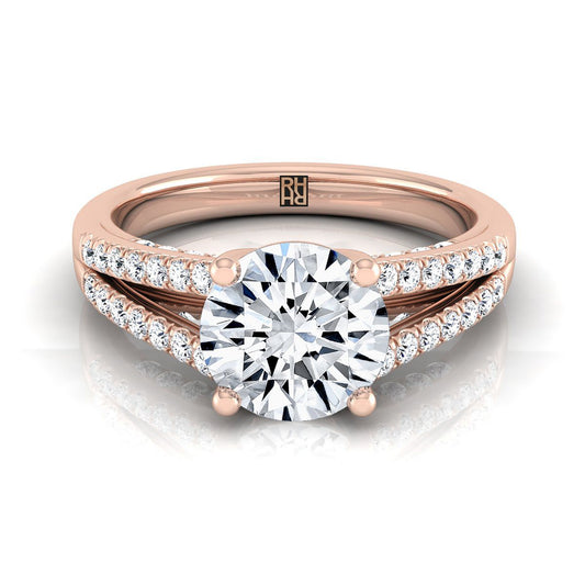 14K Rose Gold Round Brilliant Diamond Split Shank French Pave Engagement Ring -1/3ctw