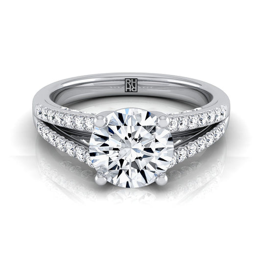 14K White Gold Round Brilliant Diamond Split Shank French Pave Engagement Ring -1/3ctw