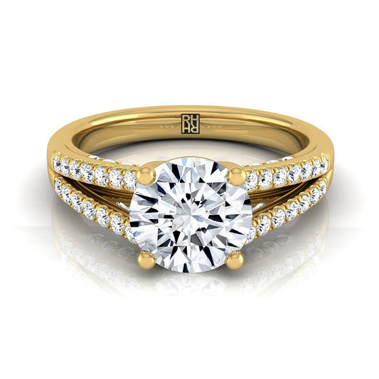 18K Yellow Gold Round Brilliant Diamond Split Shank French Pave Engagement Ring -1/3ctw