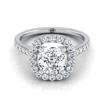 14K White Gold Cushion Diamond Simple French Pave Halo Engagement Ring -1/2ctw