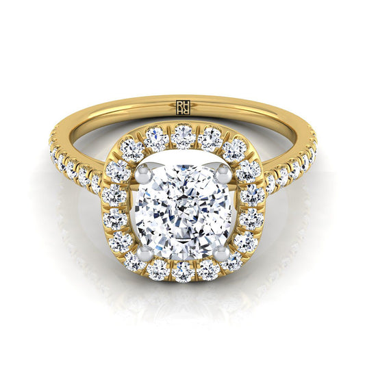 14K Yellow Gold Cushion Diamond Simple French Pave Halo Engagement Ring -1/2ctw