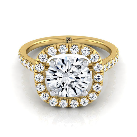 18K Yellow Gold Round Brilliant Diamond Simple French Pave Halo Engagement Ring -1/2ctw