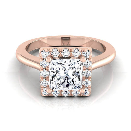 14K Rose Gold Princess Cut Diamond Classic Halo French Pave Engagement Ring -1/4ctw