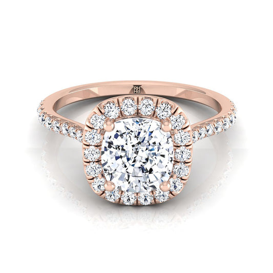 14K Rose Gold Cushion Diamond Shared Prong Halo Engagement Ring -3/8ctw