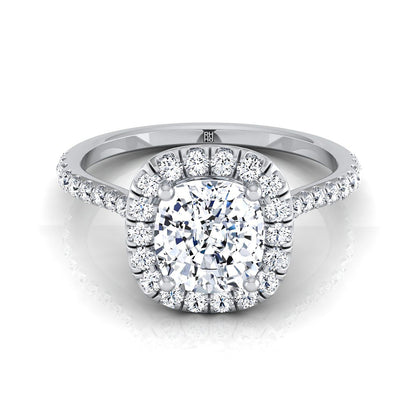 14K White Gold Cushion Diamond Shared Prong Halo Engagement Ring -3/8ctw