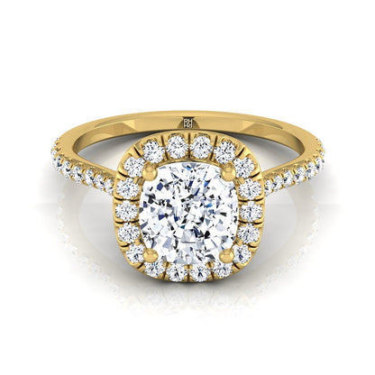 14K Yellow Gold Cushion Diamond Shared Prong Halo Engagement Ring -3/8ctw