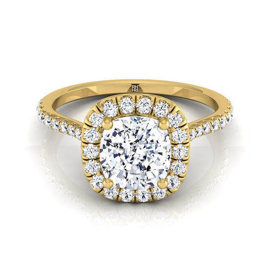 18K Yellow Gold Cushion Diamond Shared Prong Halo Engagement Ring -3/8ctw
