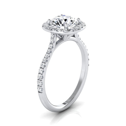 Platinum Round Brilliant Morganite Shared Prong Diamond Halo Engagement Ring -3/8ctw