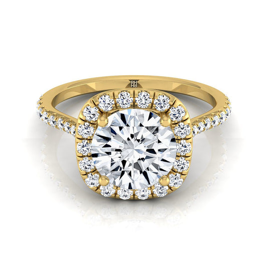 18K Yellow Gold Round Brilliant Diamond Shared Prong Halo Engagement Ring -3/8ctw