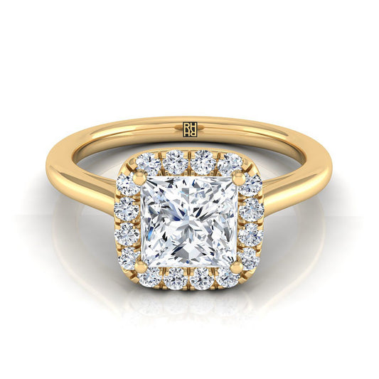 14K Yellow Gold Princess Cut Diamond Classic Prong Set Diamond Halo Engagement Ring -1/5ctw