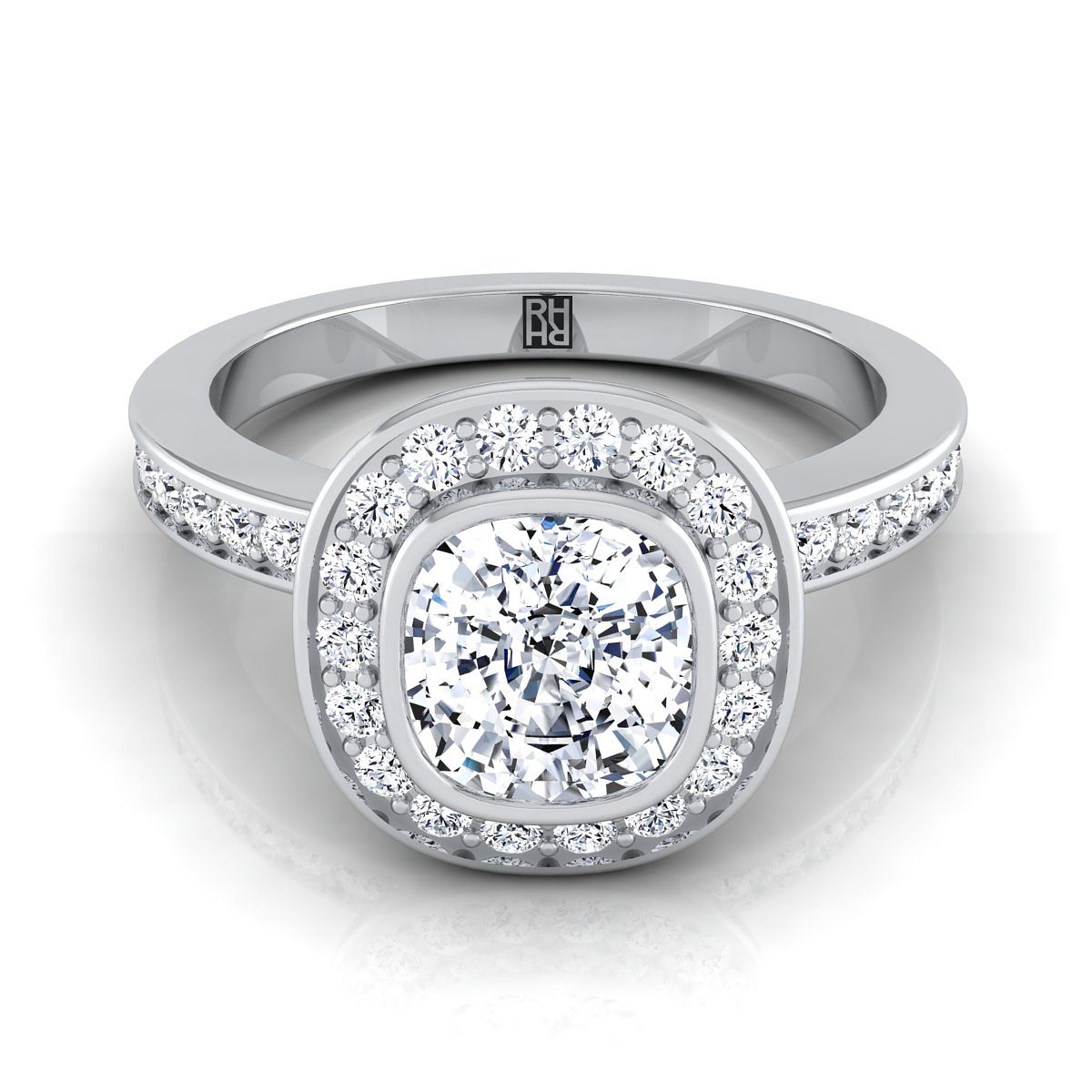 Platinum Cushion Diamond Matching Halo and Channel Band Engagement Ring -3/8ctw
