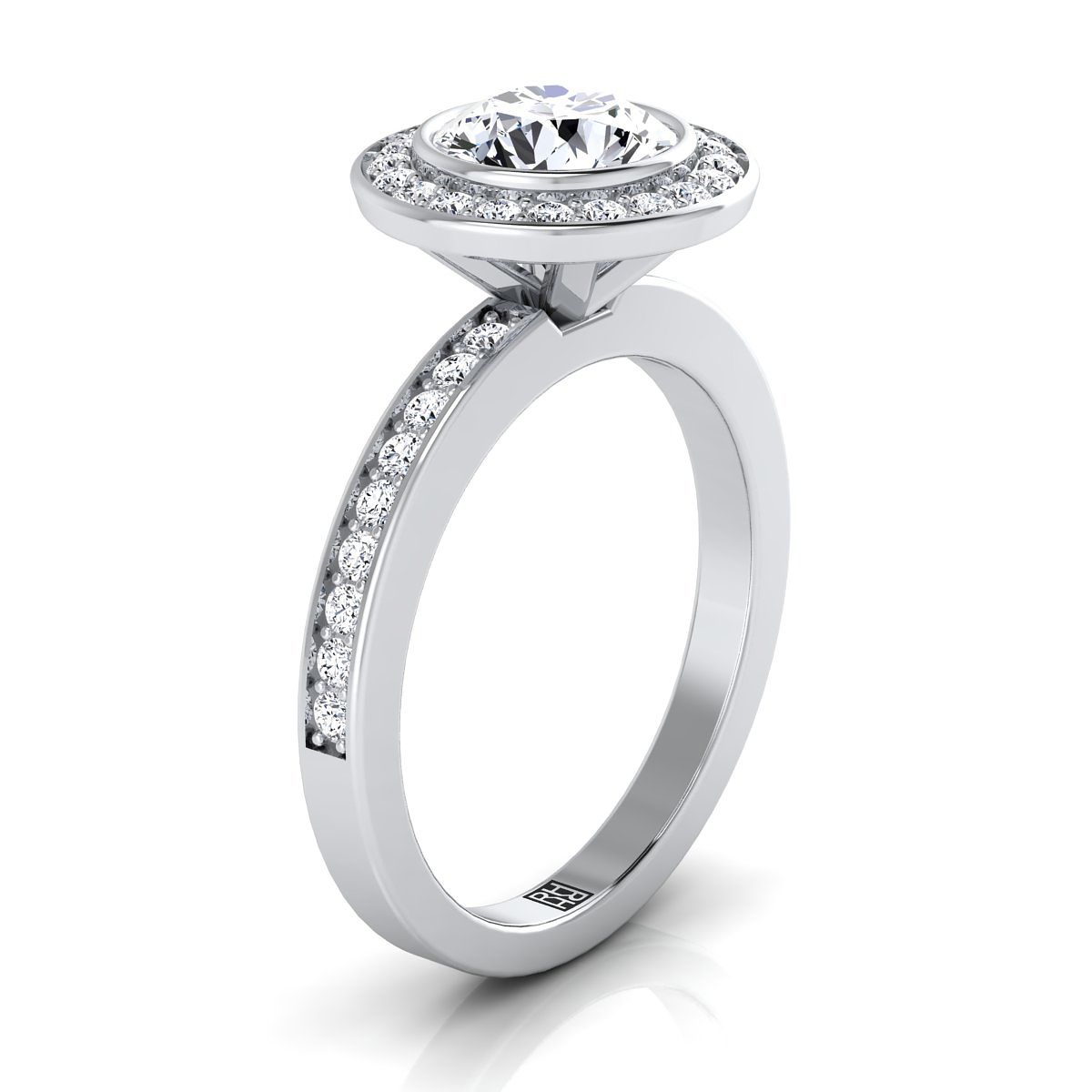 18K White Gold Round Brilliant Diamond Matching Halo and Channel Band Engagement Ring -3/8ctw