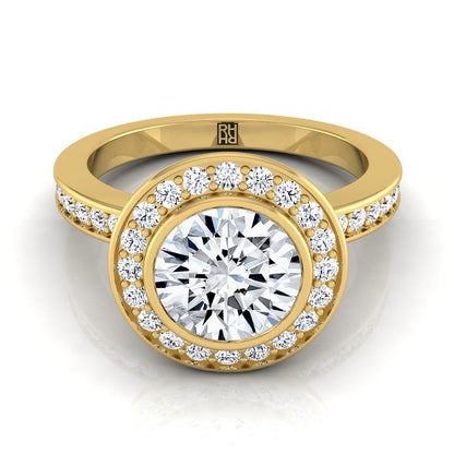 18K Yellow Gold Round Brilliant Diamond Matching Halo and Channel Band Engagement Ring -3/8ctw