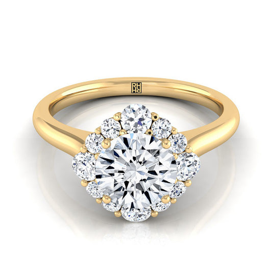 18K Yellow Gold Round Brilliant Square Diamond Halo with Secret Stone Engagement Ring -1/2ctw