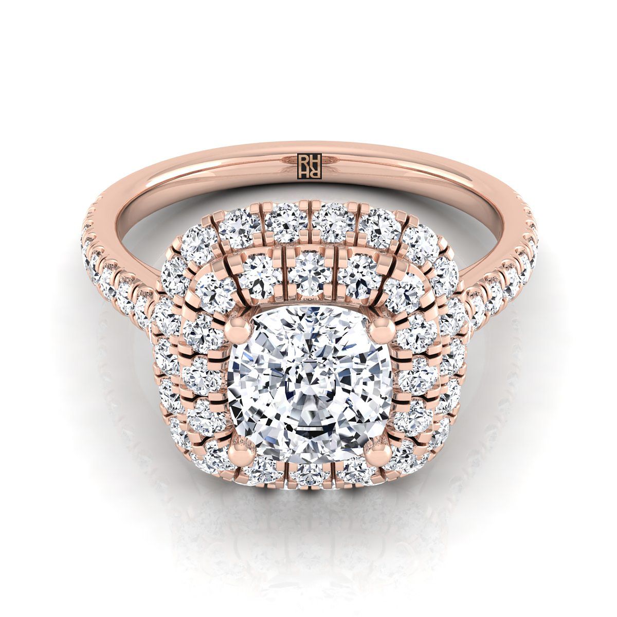 14K Rose Gold Cushion Double Halo and Linear Pave Engagement Diamond Ring -3/4ctw
