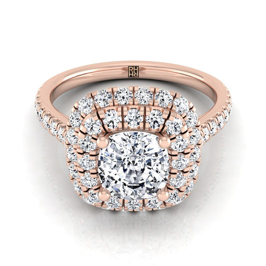 14K Rose Gold Cushion Double Halo and Linear Pave Engagement Diamond Ring -3/4ctw