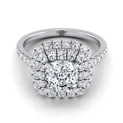 14K White Gold Cushion Double Halo and Linear Pave Engagement Diamond Ring -3/4ctw