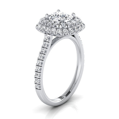 14K White Gold Cushion Double Halo and Linear Pave Engagement Diamond Ring -3/4ctw
